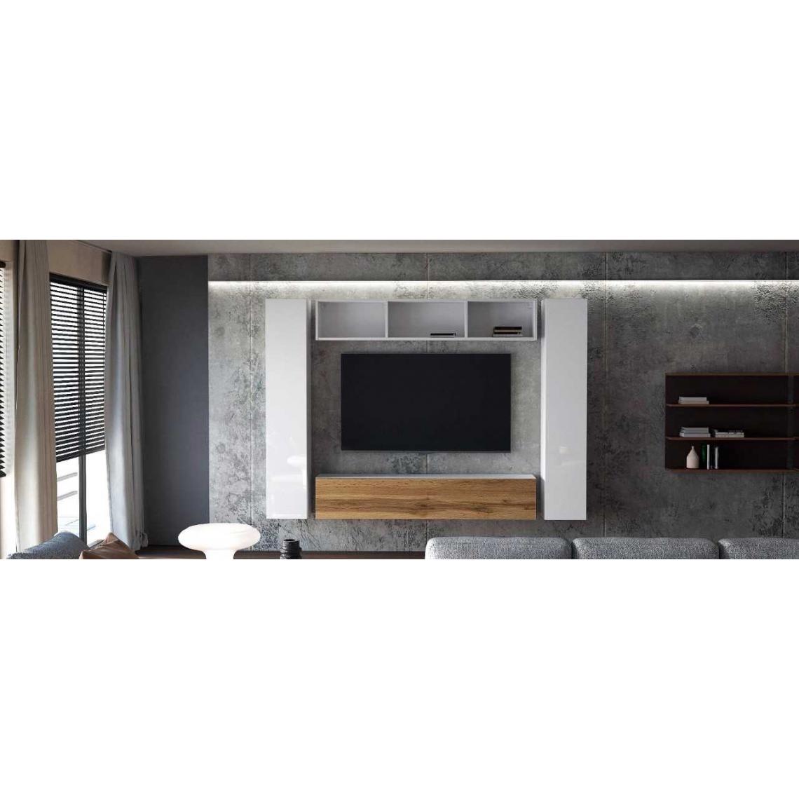 Mpc - Ensemble de 4 meubles suspendus blanc mat/ blanc laqué + chêne wotan - Meubles TV, Hi-Fi