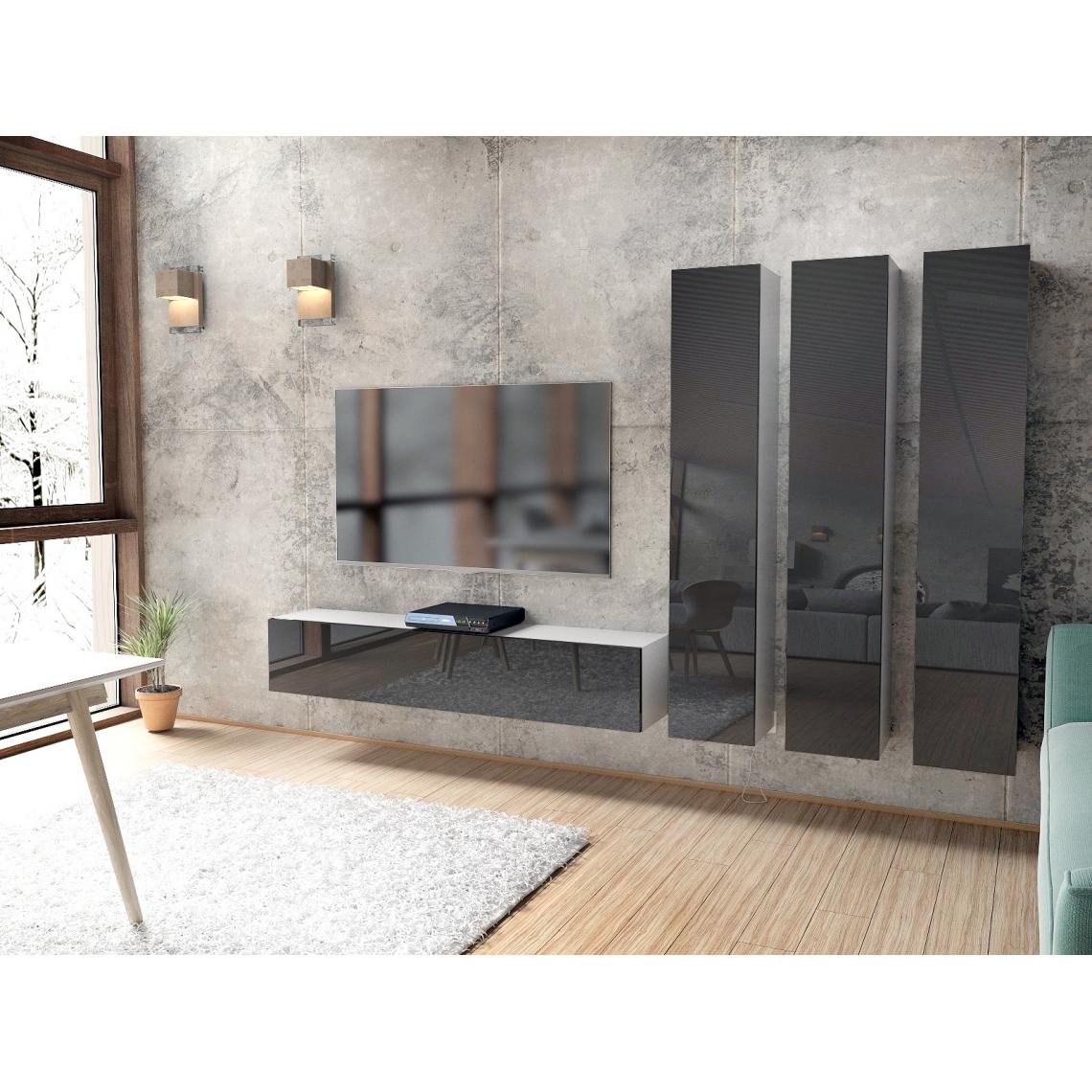 Mpc - Ensemble de 4 meubles blancs mat façades noires brillantes - Meubles TV, Hi-Fi