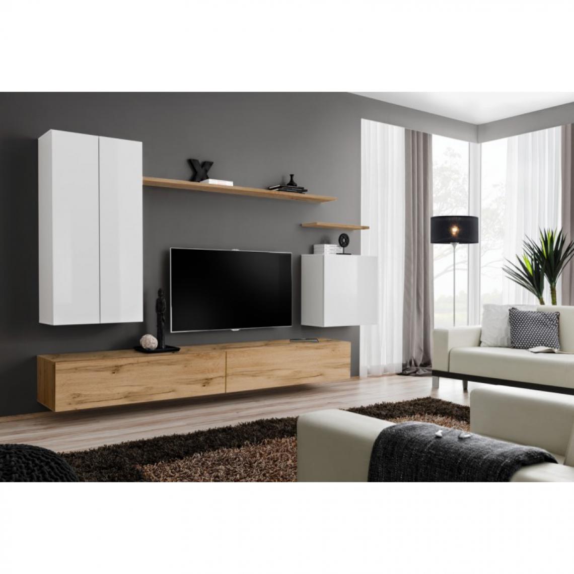 Ac-Deco - Meuble TV Mural Design Switch II 270cm Blanc & Naturel - Meubles TV, Hi-Fi