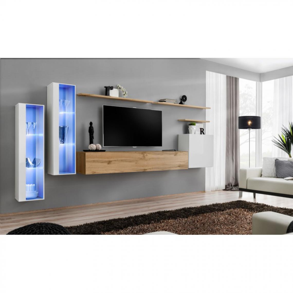 Ac-Deco - Meuble TV Mural Design Switch XI 330cm Blanc & Naturel - Meubles TV, Hi-Fi