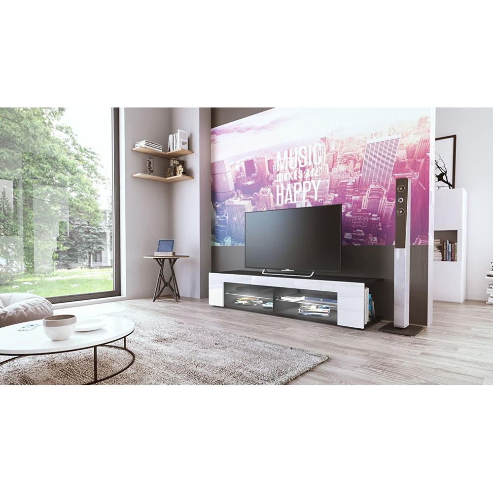 Mpc - Meuble Tv Noir mat Façades en Blanc laquées led Blanc - Meubles TV, Hi-Fi
