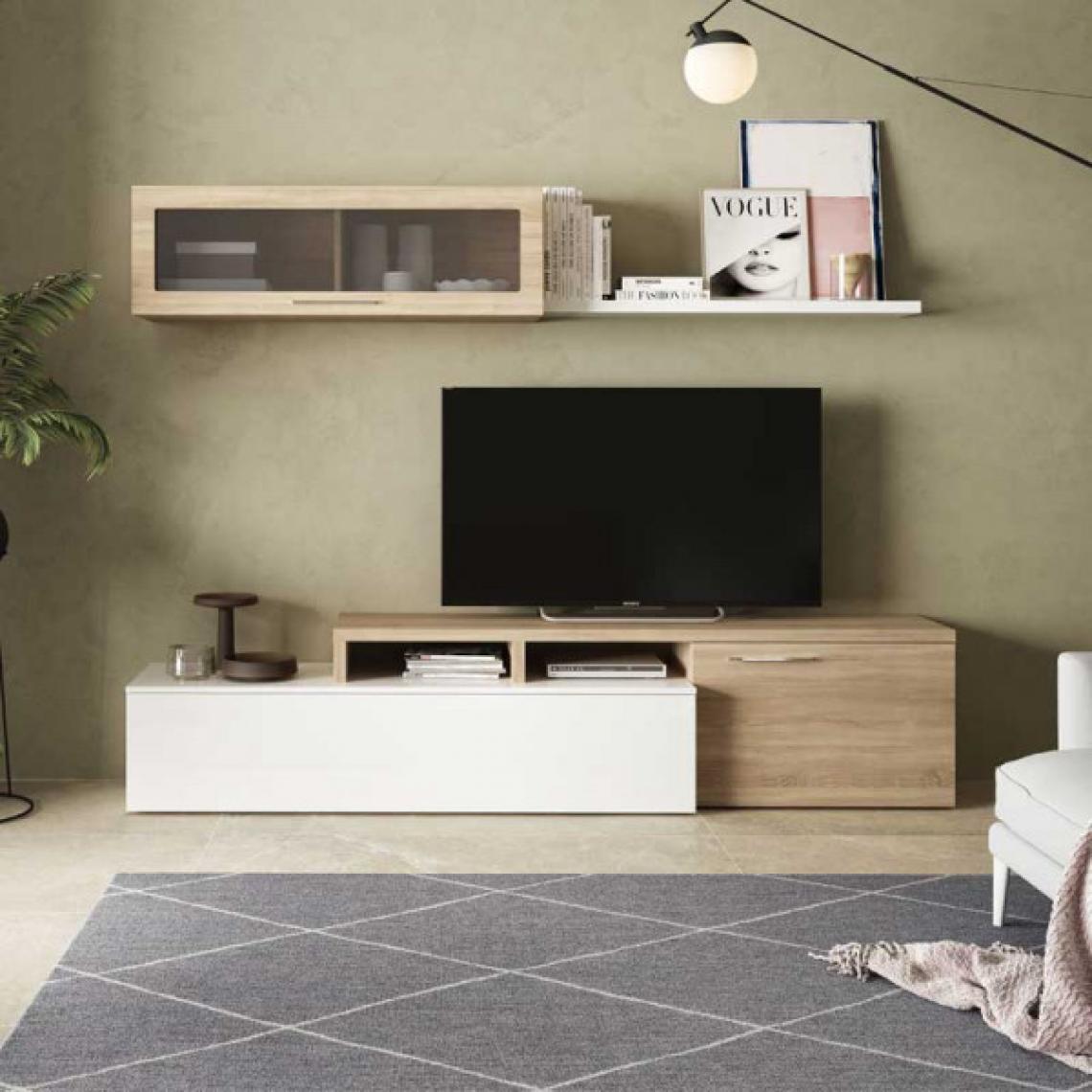 Dansmamaison - Meuble TV modulable en angle Blanc/Chêne - XUNS - L 200 x l 41 x H 44 cm - Meubles TV, Hi-Fi