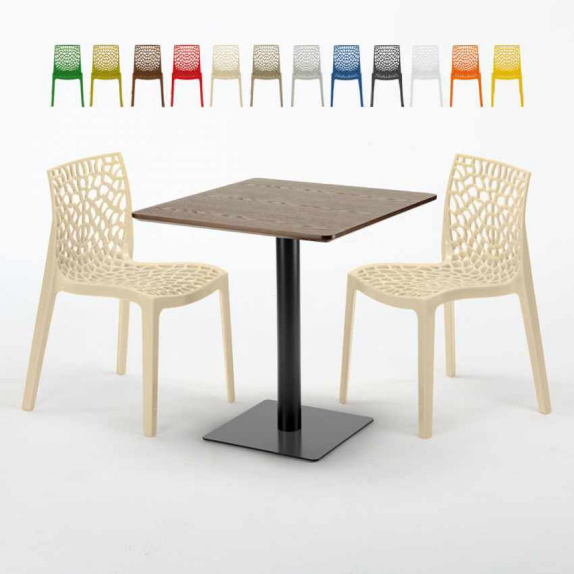 Grand Soleil - Table carrée 70x70 plateau effet bois avec 2 chaises colorées Gruvyer Melon, Couleur: Beige - Tables à manger