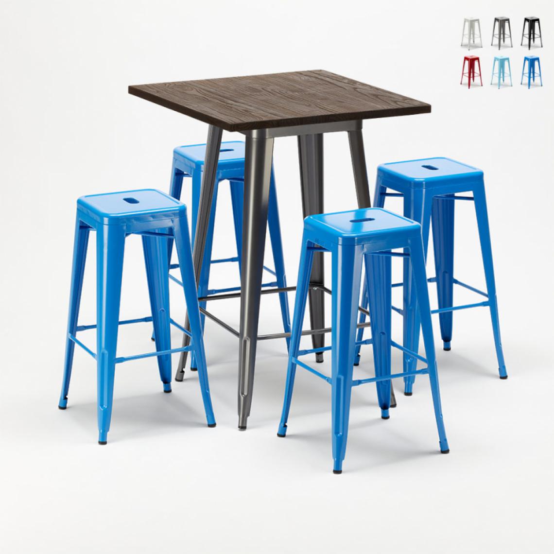 Ahd Amazing Home Design - Ensemble table haute et 4 tabourets en métal Tolix style industriel Williamsburg, Couleur: Bleu - Tables à manger