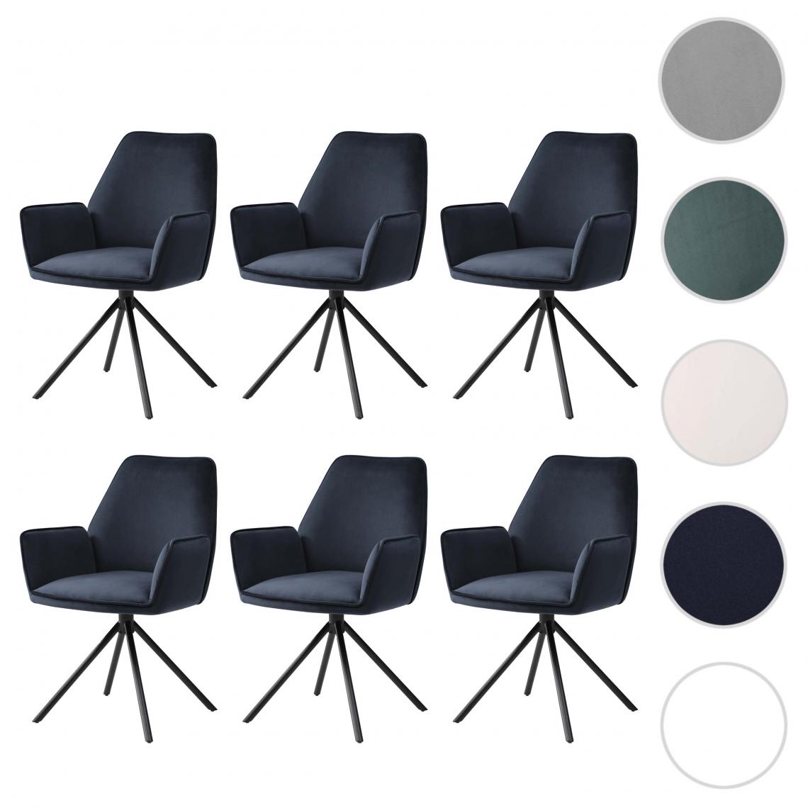 Mendler - 6x chaise de salle à manger HWC-G67 avec accoudoirs, pivotante Auto-Position ~ velours, anthracite-bleu - Chaises