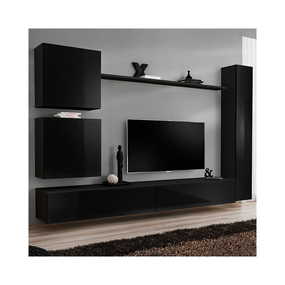 Nouvomeuble - Ensemble meuble tele noir laqué design LATIANO 4 - Meubles TV, Hi-Fi
