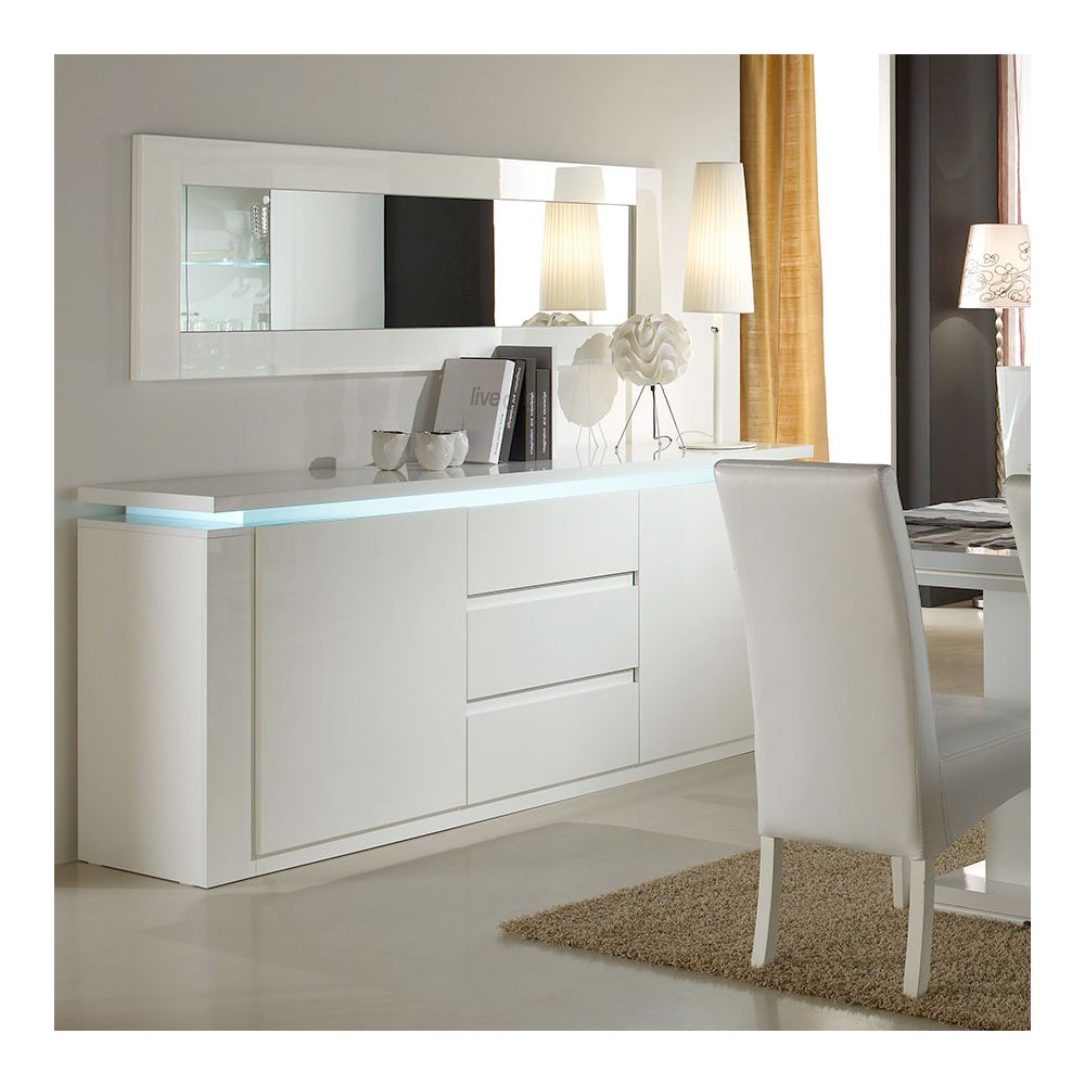 Happymobili - Buffet bahut lumineux blanc laqué 2 portes 3 tiroirs design GODWIN - Buffets, chiffonniers