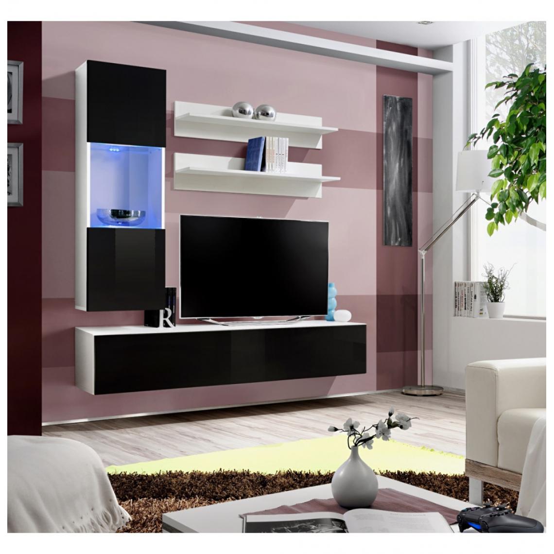 Ac-Deco - Ensemble meuble TV mural - Fly II - 160 cm x 170 cm x 40 cm - Blanc et noir - Meubles TV, Hi-Fi