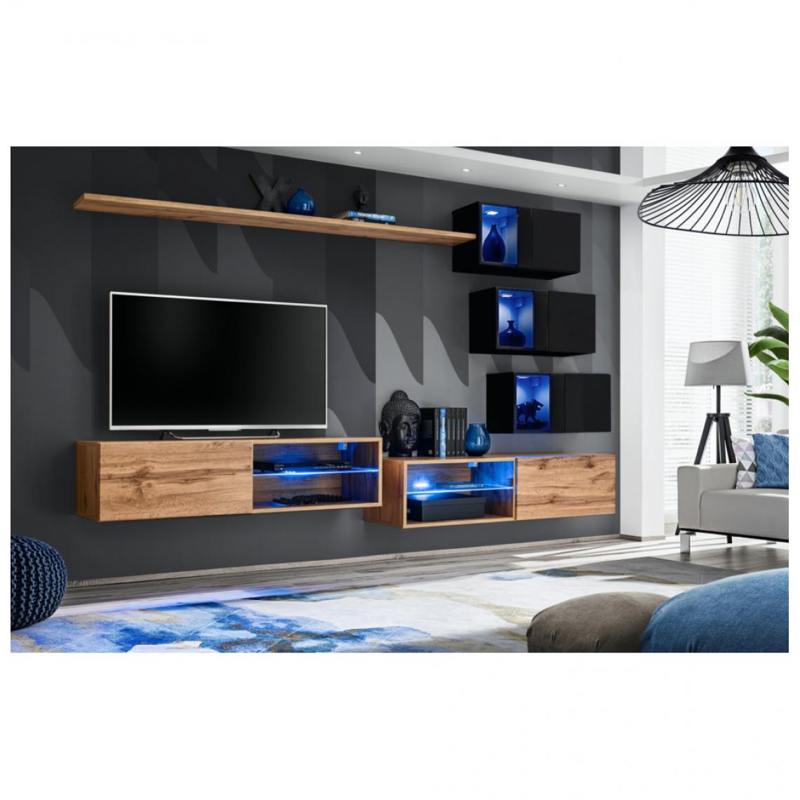 Ac-Deco - Ensemble meuble TV mural Switch XXIV - L 260 x P 40 x H 170 cm - Marron et noir - Meubles TV, Hi-Fi