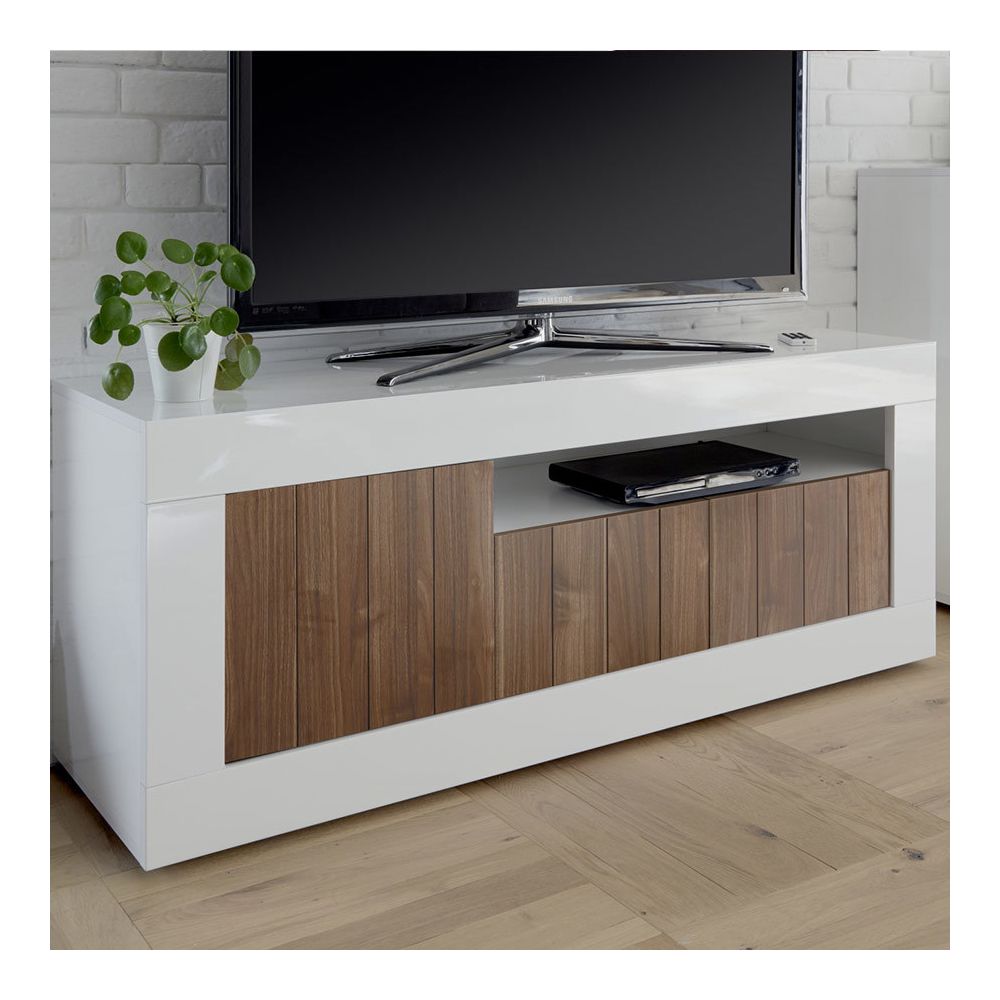 Happymobili - Meuble TV moderne blanc et couleur noyer SERENA 4 - Meubles TV, Hi-Fi