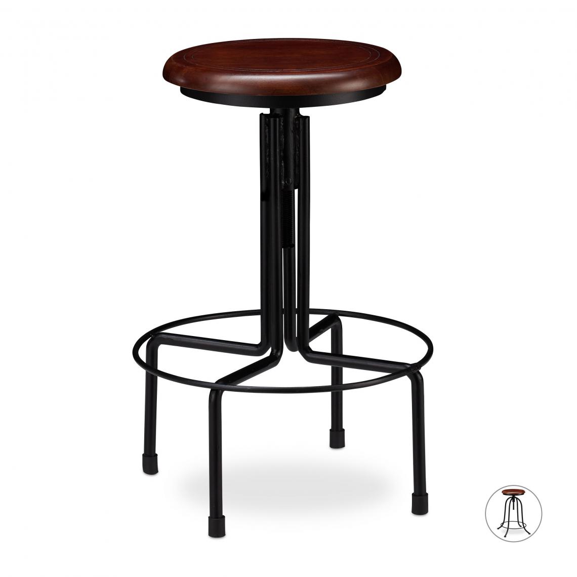Helloshop26 - Tabouret de bar industriel chaise ronde hauteur réglable jusqu à 65 cm noir marron fer bois 13_0002768 - Tabourets