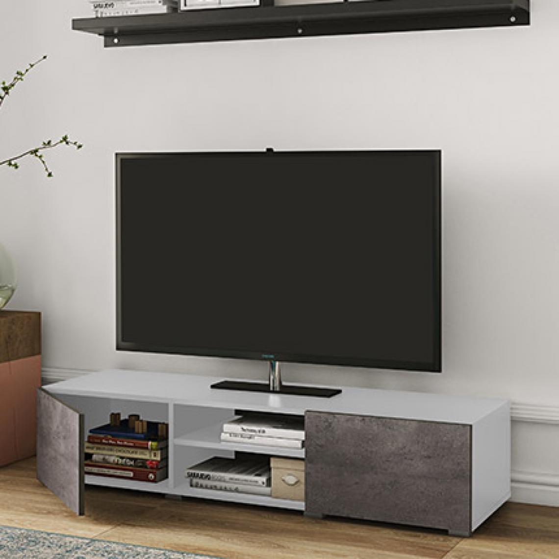 Temahome - Meuble TV PODIUM 2 niches et 2 portes 140 X 31 - blanc et béton - Meubles TV, Hi-Fi