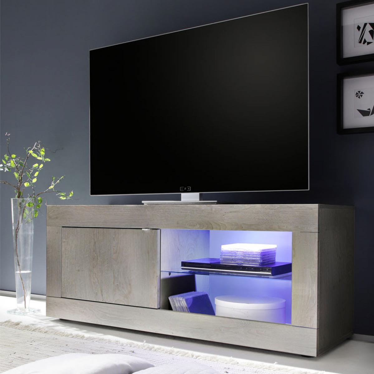 Tousmesmeubles - Meuble TV 1 porte 2 niches Pin blanc à LEDs - MATERA - Meubles TV, Hi-Fi