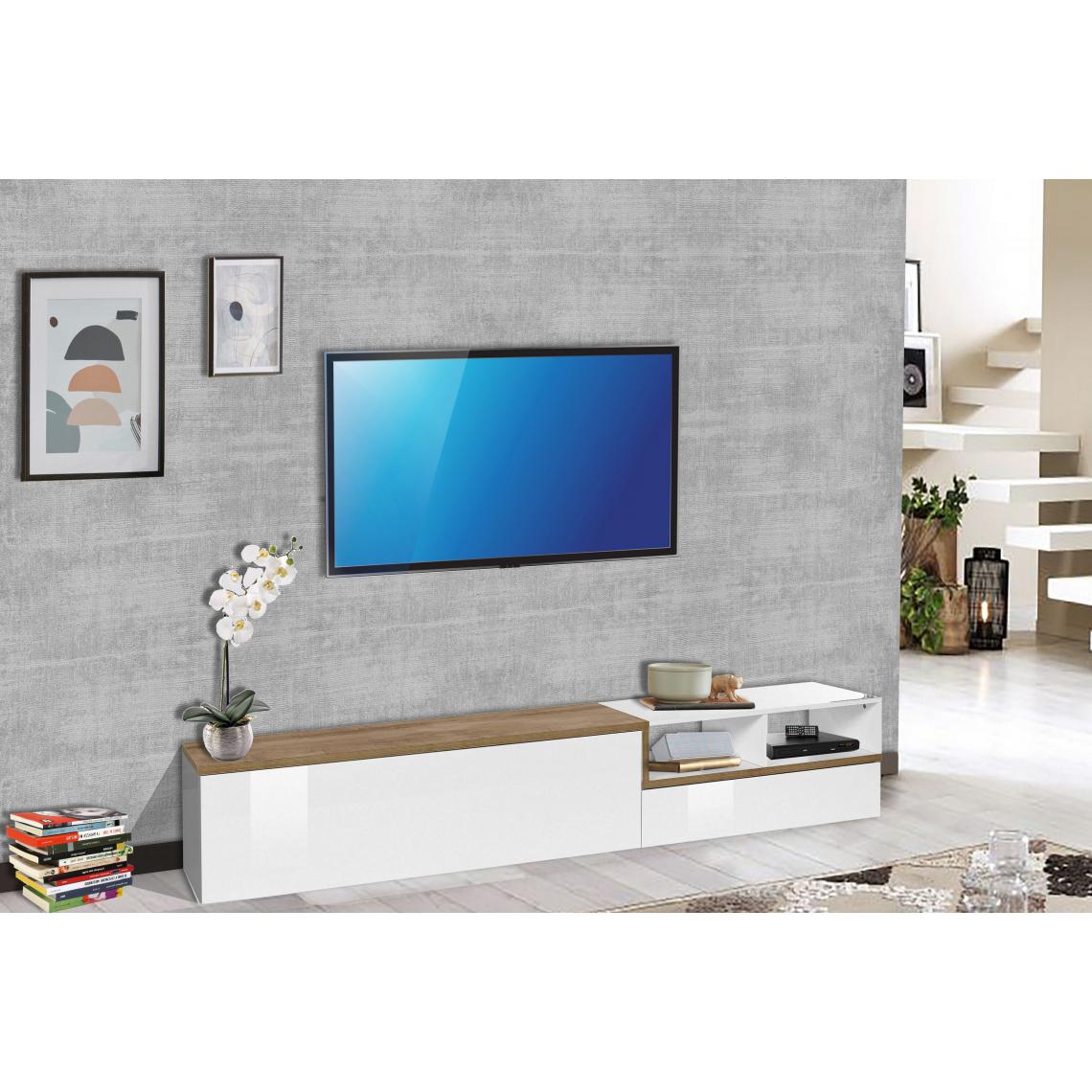 Alter - Meuble TV de salon, Made in Italy, Meuble TV avec 2 portes et étagères, 240x40h50 cm, Couleur blanc brillant et Érable - Meubles TV, Hi-Fi