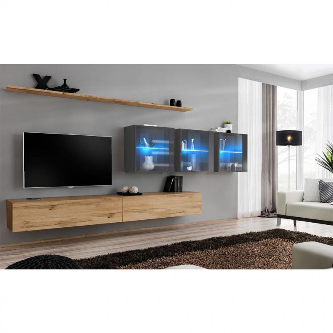 Ac-Deco - Meuble TV Mural Design Switch XVII 340cm Naturel & Gris - Meubles TV, Hi-Fi