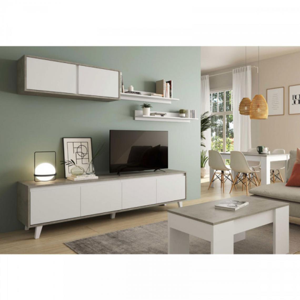 Dansmamaison - Composition TV Blanc/Béton - STEFA - L 200 x l 41 x H 50 cm - Meubles TV, Hi-Fi