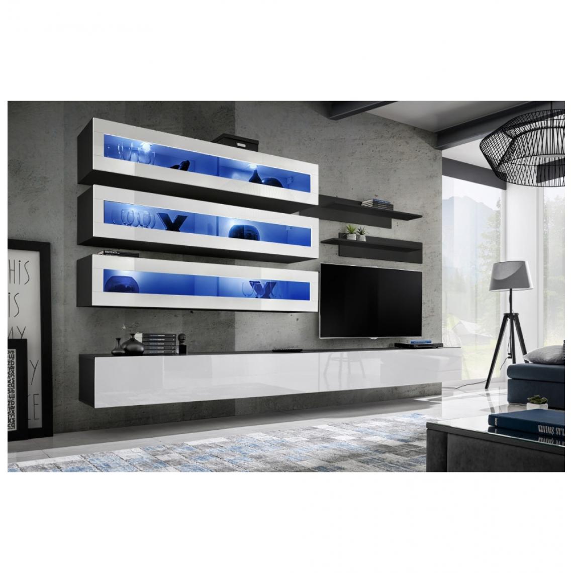 Ac-Deco - Ensemble mural - FLY J - 3 rangements LED - 2 meubles TV - 2 étagères - Noir et blanc - Modèle 1 - Meubles TV, Hi-Fi