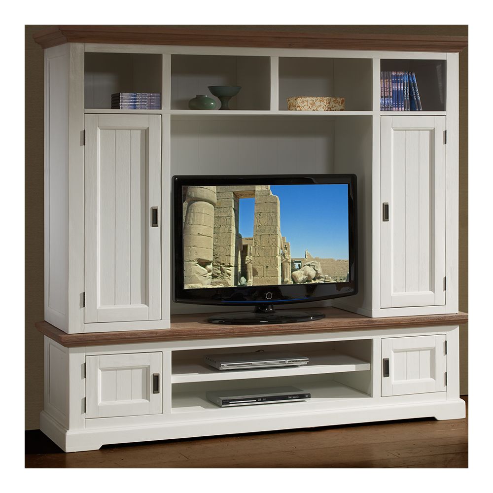 Nouvomeuble - Meuble télé mural en bois massif blanc et marron ESTALE - Meubles TV, Hi-Fi