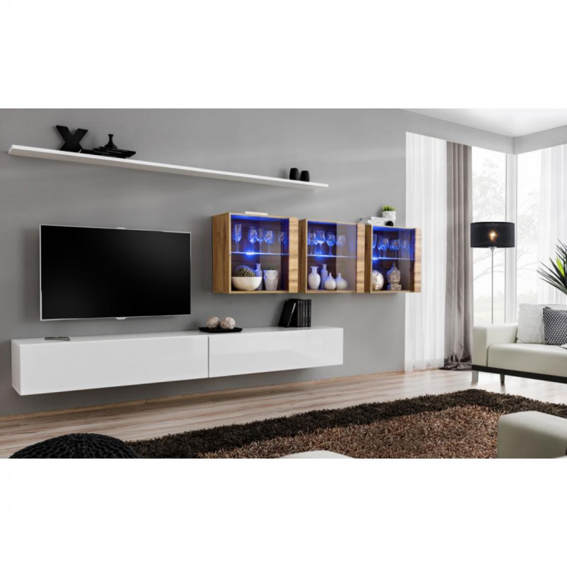 Ac-Deco - Meuble TV Mural Design Switch XVII 340cm Blanc & Naturel - Meubles TV, Hi-Fi