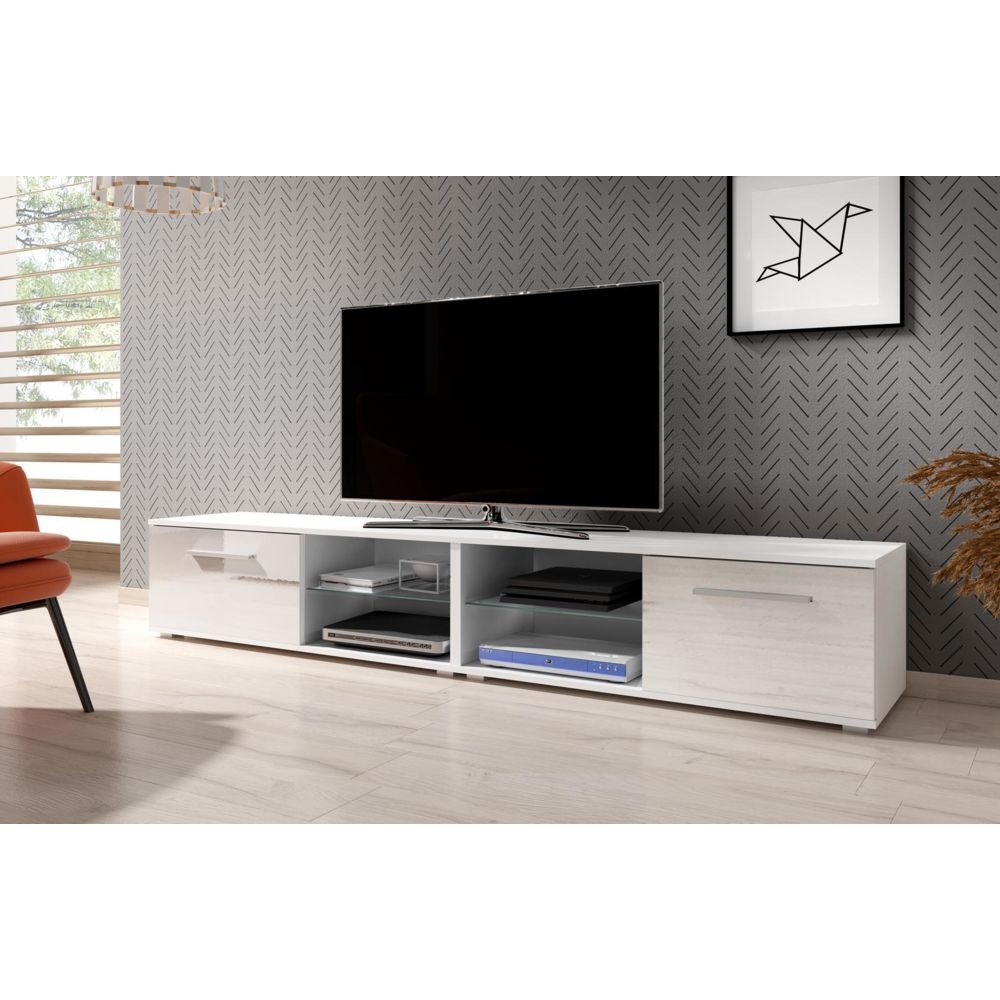 Vivaldi - VIVALDI Meuble TV - MOON 2 DOUBLE - 200 cm - blanc mat / blanc brillant - style moderne - Meubles TV, Hi-Fi