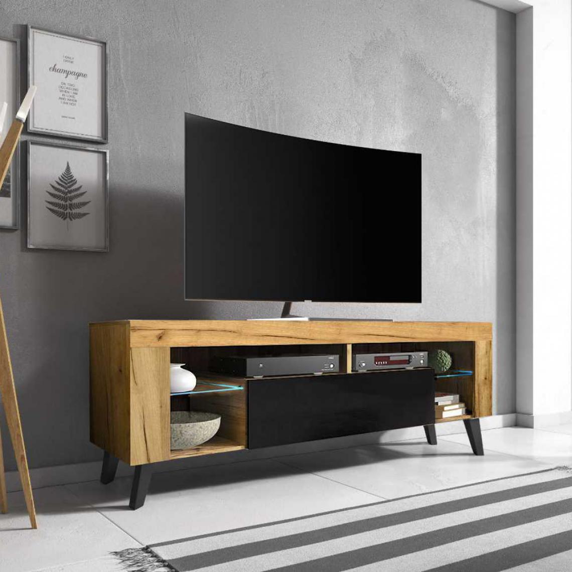 Selsey - Meuble TV - HugoB - 140 cm - chêne lancaster / noir brillant - avec LED - Meubles TV, Hi-Fi