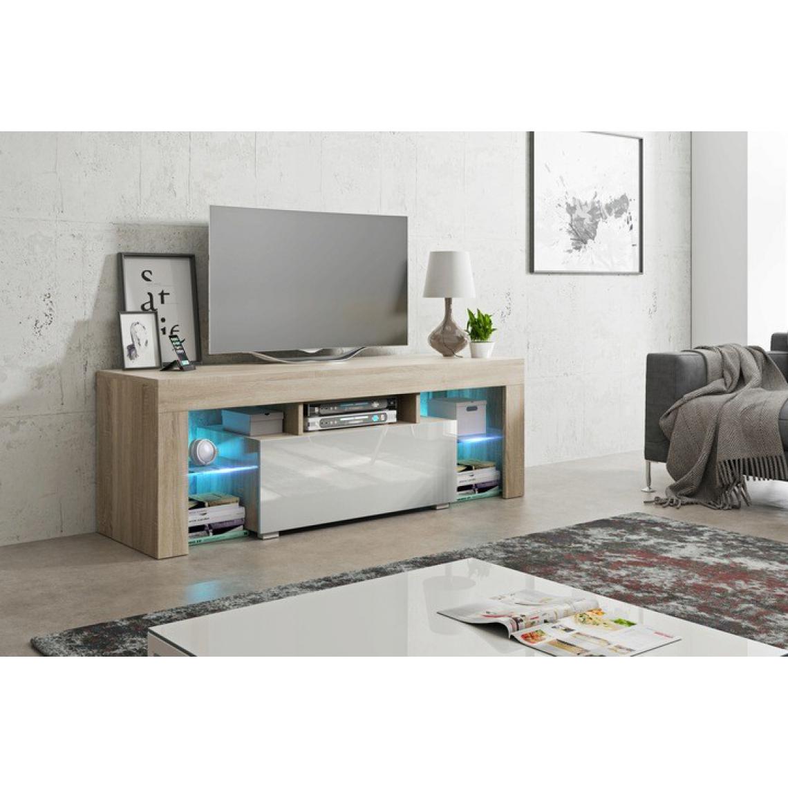 Mpc - Meuble tv 130 cm sonoma et blanc led rgb - Meubles TV, Hi-Fi