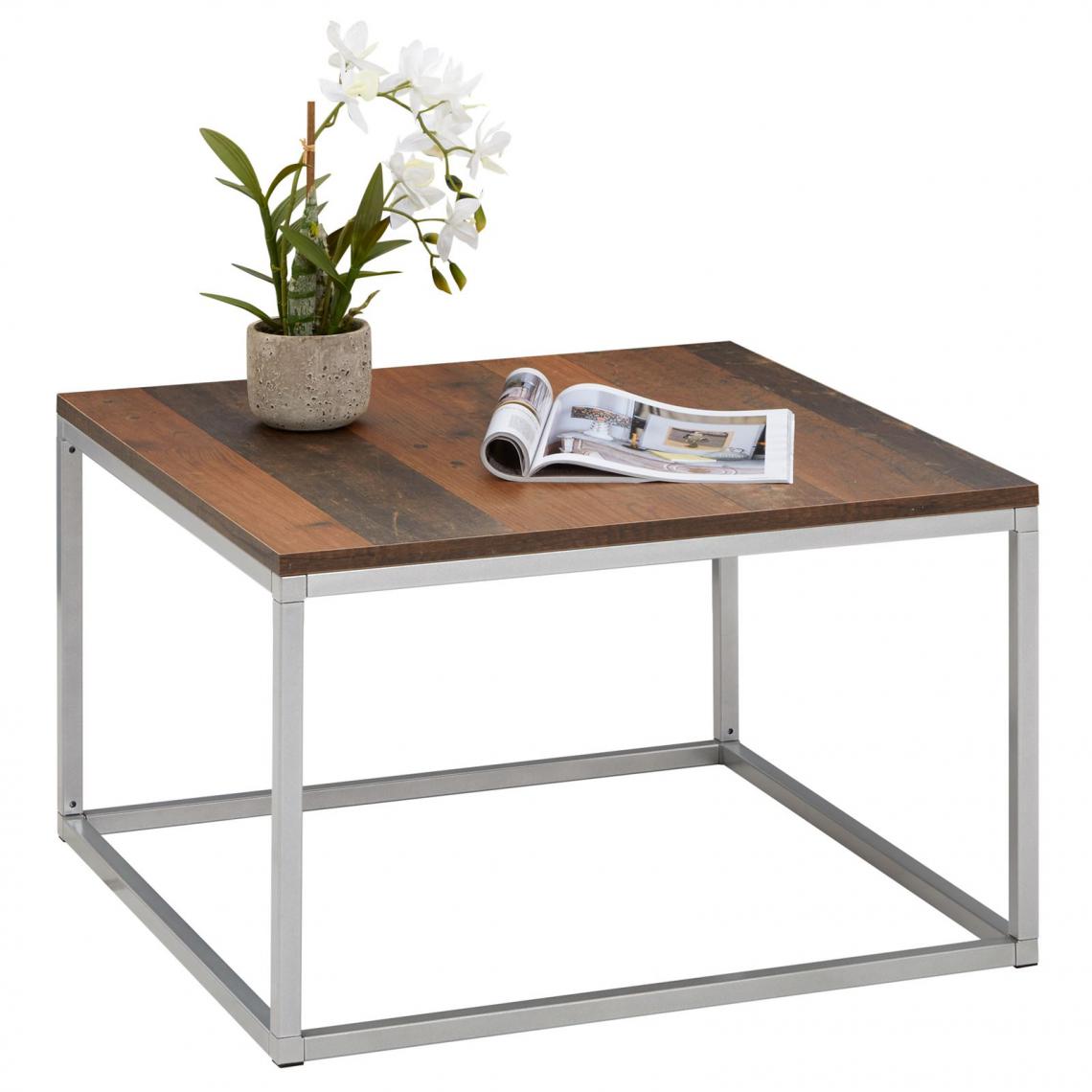 Idimex - Table basse carrée HADES, cadre en métal gris et plateau en mélaminé décor old style - Tables basses
