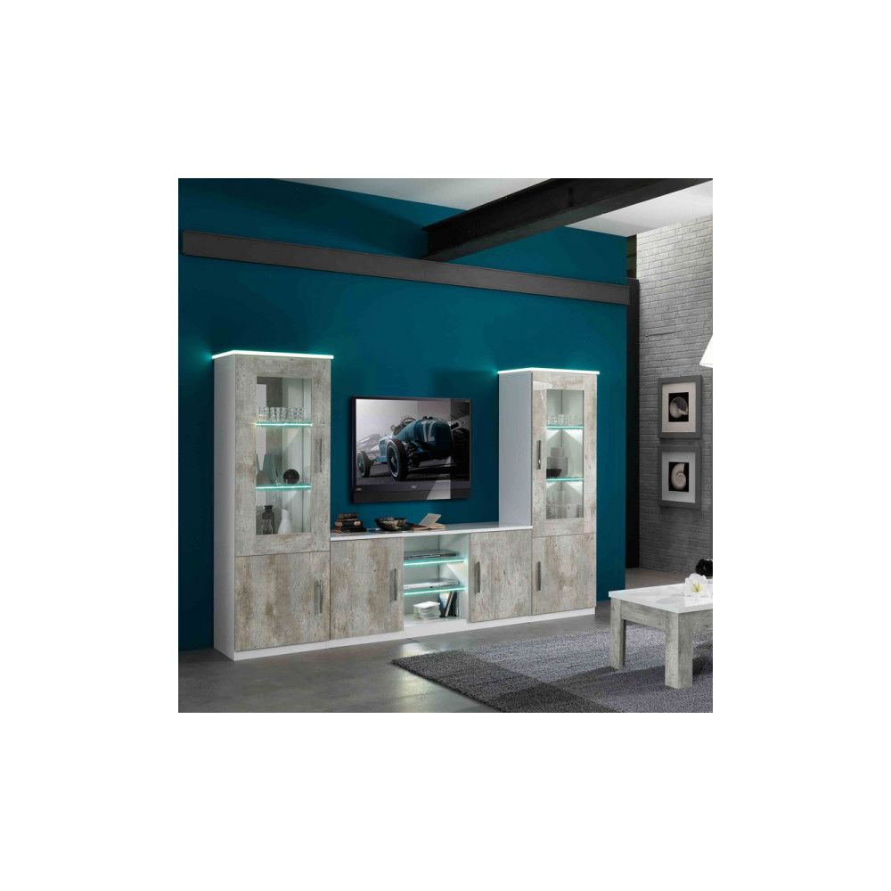 Dansmamaison - Composition TV Blanc/Beton à LEDs - RAIMA - L 270 x l 47 x H 181 cm - Meubles TV, Hi-Fi