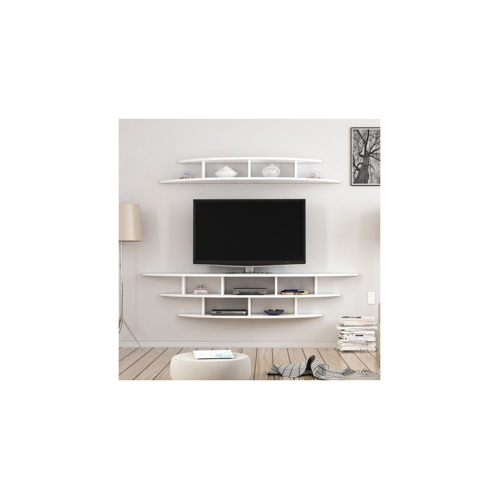 Homemania - HOMEMANIA Meuble TV Alvino Moderne Murale - avec Étagères - pour Salon - Blanc en Bois, 176 x 35 x 35 cm - Meubles TV, Hi-Fi