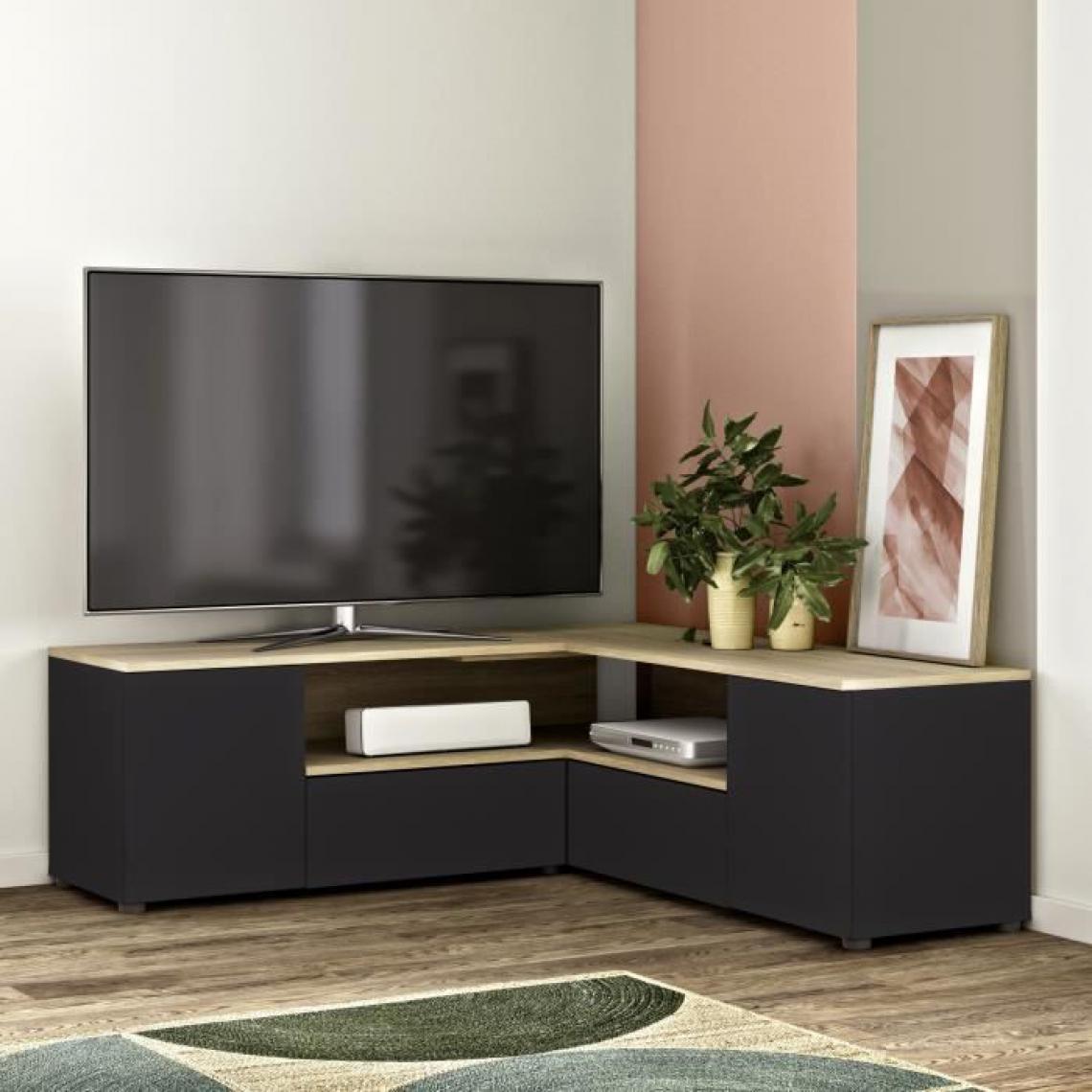 Temahome - SYMBIOSYS Meuble TV d'angle 4 portes - Décor chêne et noir - L 130 x P 130 x H 46 cm - Meubles TV, Hi-Fi