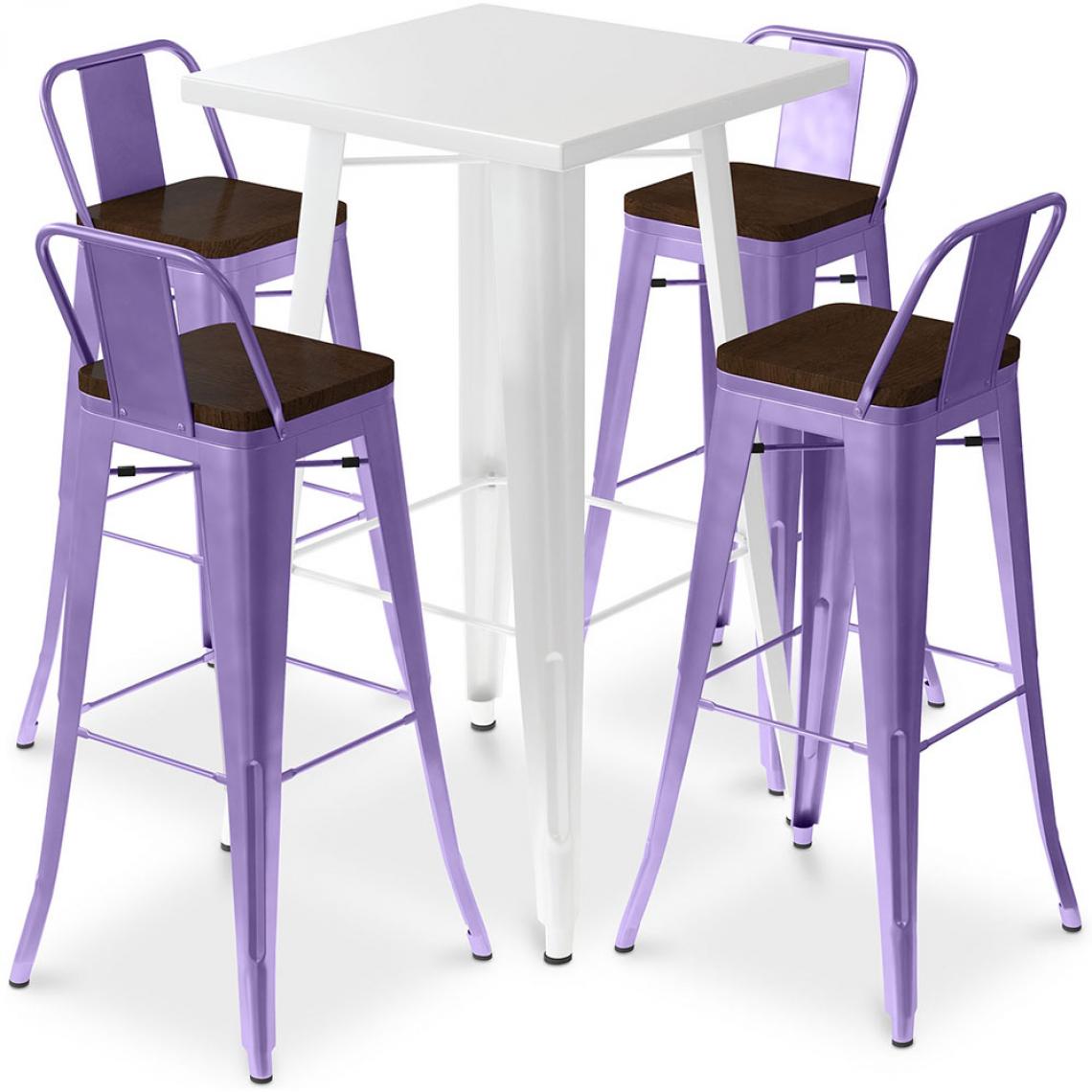 Iconik Interior - Table de bar blanche + 4 tabourets de bar en acier - Ensemble Bistrot Stylix Design industriel - Nouvelle édition Violet pastel - Tabourets