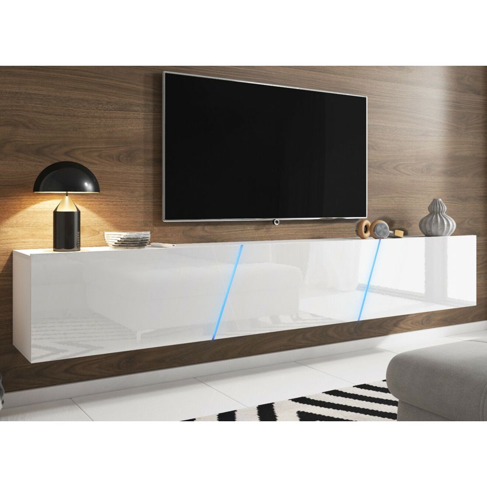 Pegane - Meuble TV coloris blanc mat / blanc brillant avec éclairage LED bleu - 240 x 34 x 40 cm -PEGANE- - Meubles TV, Hi-Fi