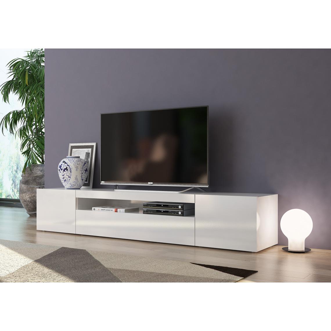 Alter - Meuble TV de salon, Made in Italy, Meuble TV avec 3 portes et étagères, cm 200x40h37, couleur blanc brillant - Meubles TV, Hi-Fi