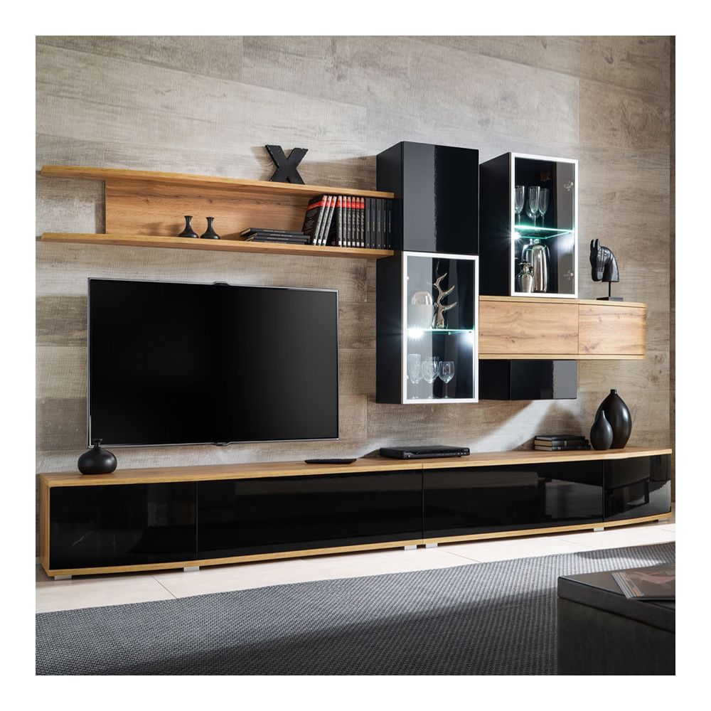 Nouvomeuble - Ensemble meuble TV noir et couleur bois BAGNOLO - Meubles TV, Hi-Fi