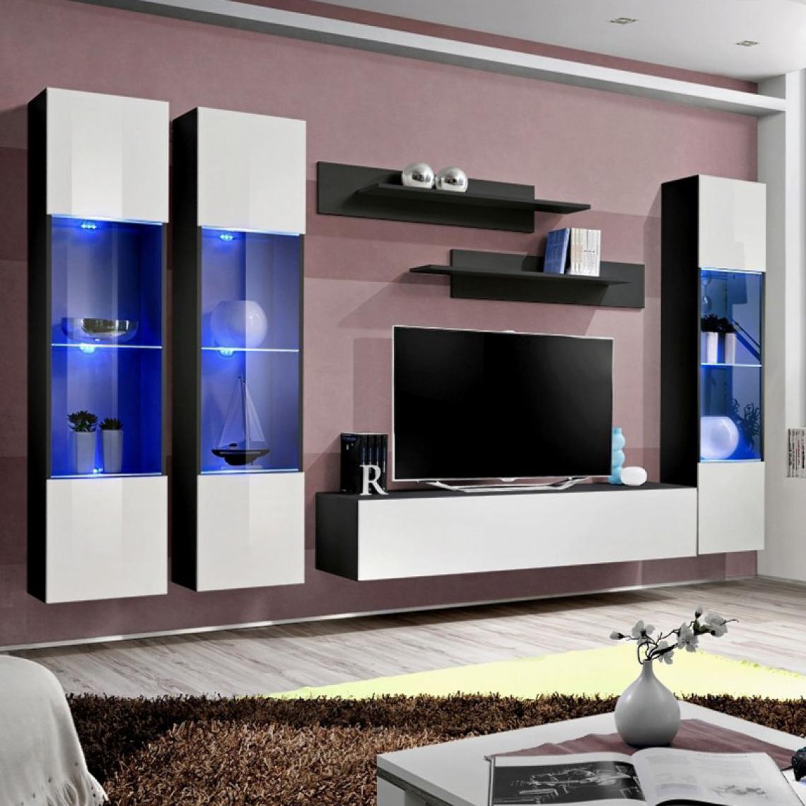 Ac-Deco - Meuble TV Mural Design Fly III 310cm Blanc & Noir - Meubles TV, Hi-Fi