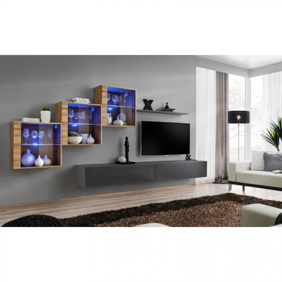 Ac-Deco - Meuble TV Mural Design Switch XX 330cm Gris & Naturel - Meubles TV, Hi-Fi