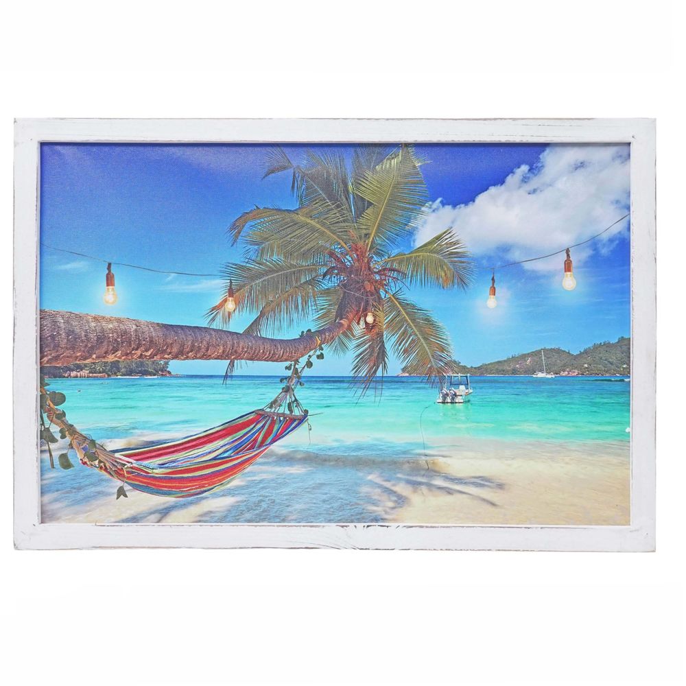 Mendler - Tableau LED HWC-D37 image avec illumination, mer, toile murale avec cadre, style shabby, 60x40cm - Tableaux, peintures