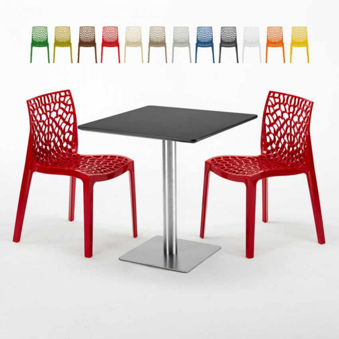 Grand Soleil - Table carrée noire 70x70 avec 2 chaises colorées Gruvyer Rum Raisin, Couleur: Rouge - Tables à manger