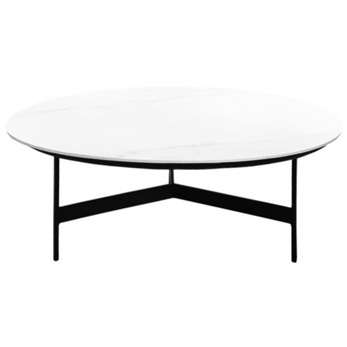 Meubletmoi - Table basse ronde, plateau en céramique blanc et piètement noir - ASHE - Tables basses