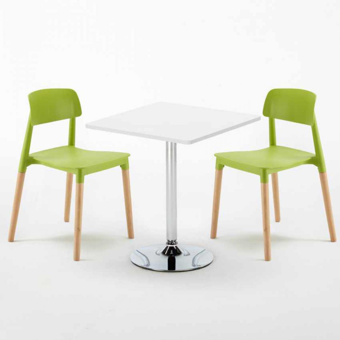 Ahd Amazing Home Design - Table Carrée Blanche 70x70cm Avec 2 Chaises Colorées Set Intérieur Bar Café Barcellona Cocktail, Couleur: Vert - Tables à manger