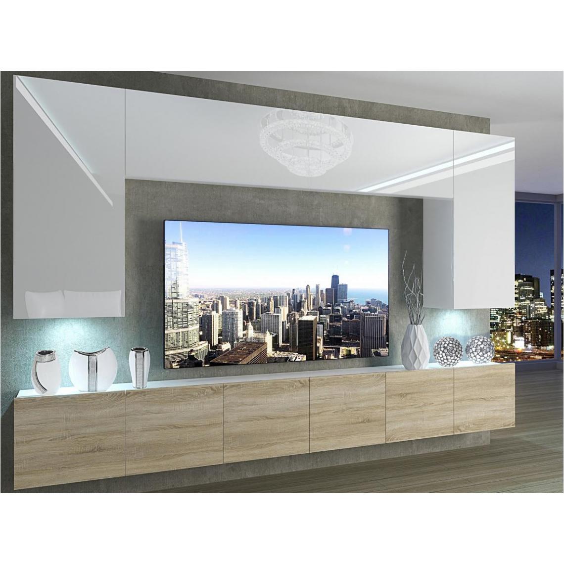 Hucoco - SILLEA - Ensemble meubles TV + LED - Unité murale style moderne - Largeur 300 cm - Mur TV à suspendre - Blanc/Sonoma - Meubles TV, Hi-Fi