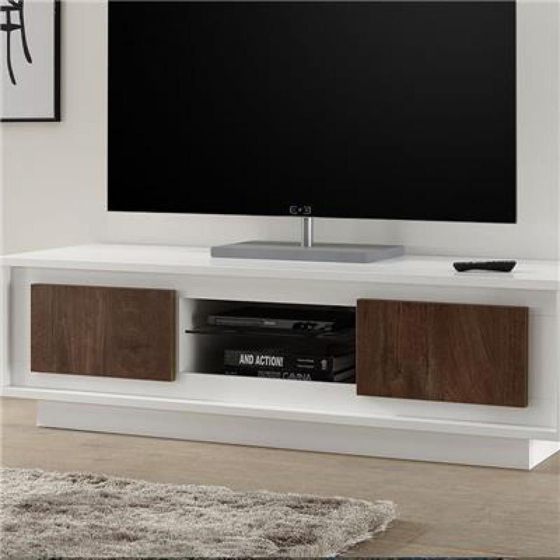 Nouvomeuble - Meuble TV moderne blanc laqué mat et couleur noyer ERINE 6 - Meubles TV, Hi-Fi