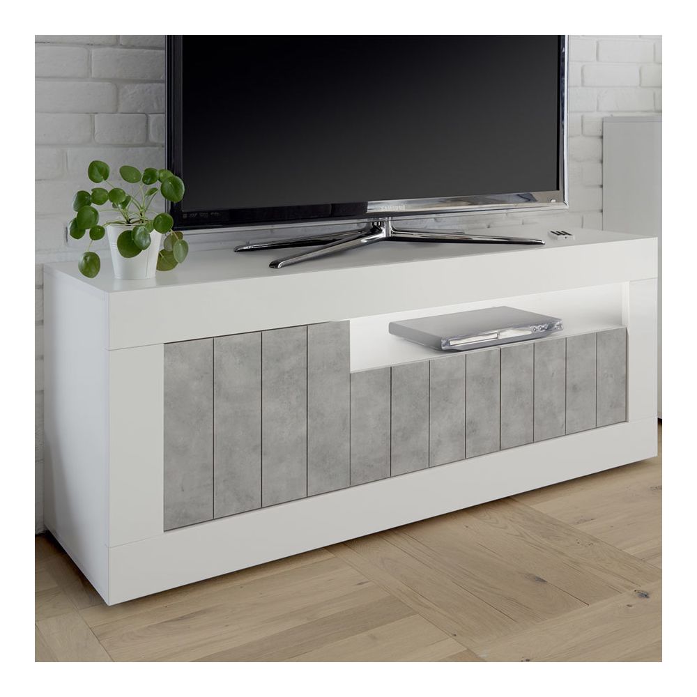Happymobili - Banc TV blanc et gris couleur béton moderne SERENA 5 - Meubles TV, Hi-Fi