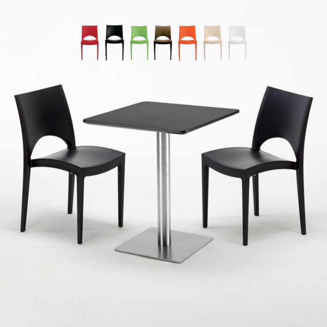 Grand Soleil - Table carrée 60x60 pied acier et plateau noir avec 2 chaises colorées Paris Pistachio, Couleur: Noir - Tables à manger
