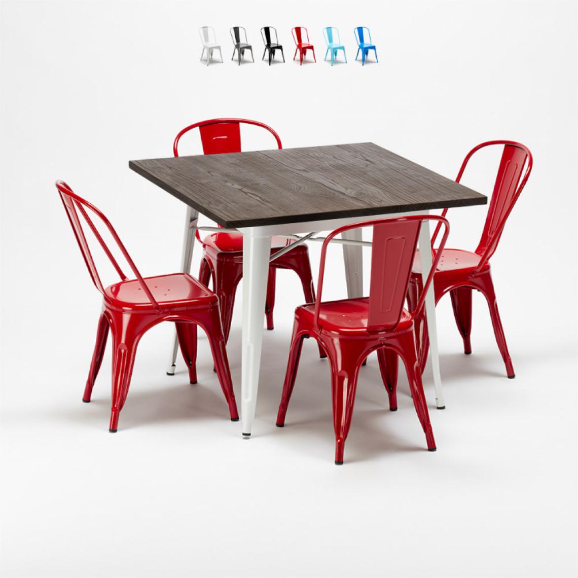 Ahd Amazing Home Design - Ensemble table et chaises carrées en métal bois Tolix style industriel Midtown, Couleur: Rouge - Tables à manger
