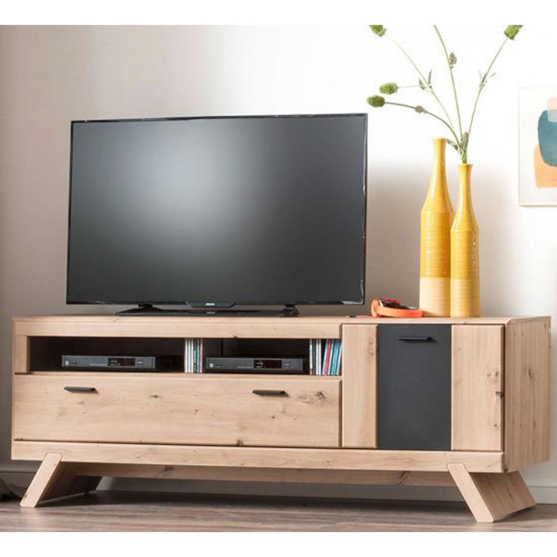 Pegane - Meuble TV coloris chêne - Longueur 159 x Hauteur 65 x Profondeur 51 cm - Meubles TV, Hi-Fi