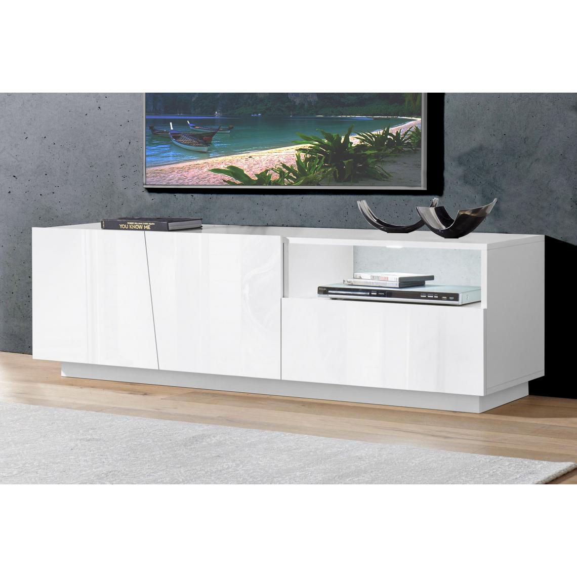 Alter - Meuble TV de salon, Made in Italy, Meuble TV avec 2 portes et 1 tiroir, cm 150x43h46, couleur blanc brillant - Meubles TV, Hi-Fi