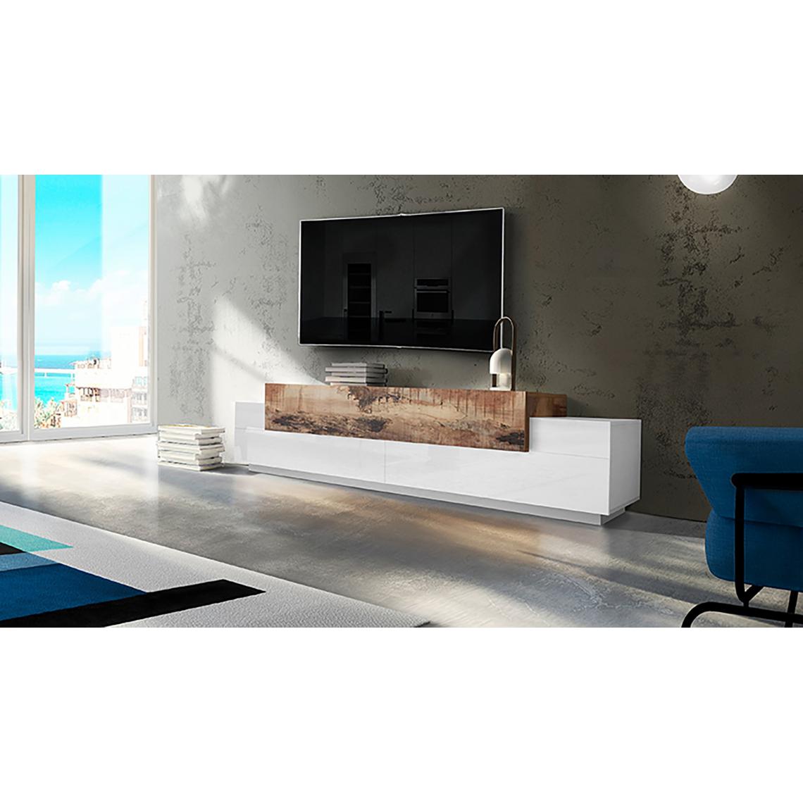 Alter - Meuble TV de salon, Made in Italy, Meuble TV avec 3 portes et étagères, 240x45h52 cm, Couleur blanc brillant et érable - Meubles TV, Hi-Fi