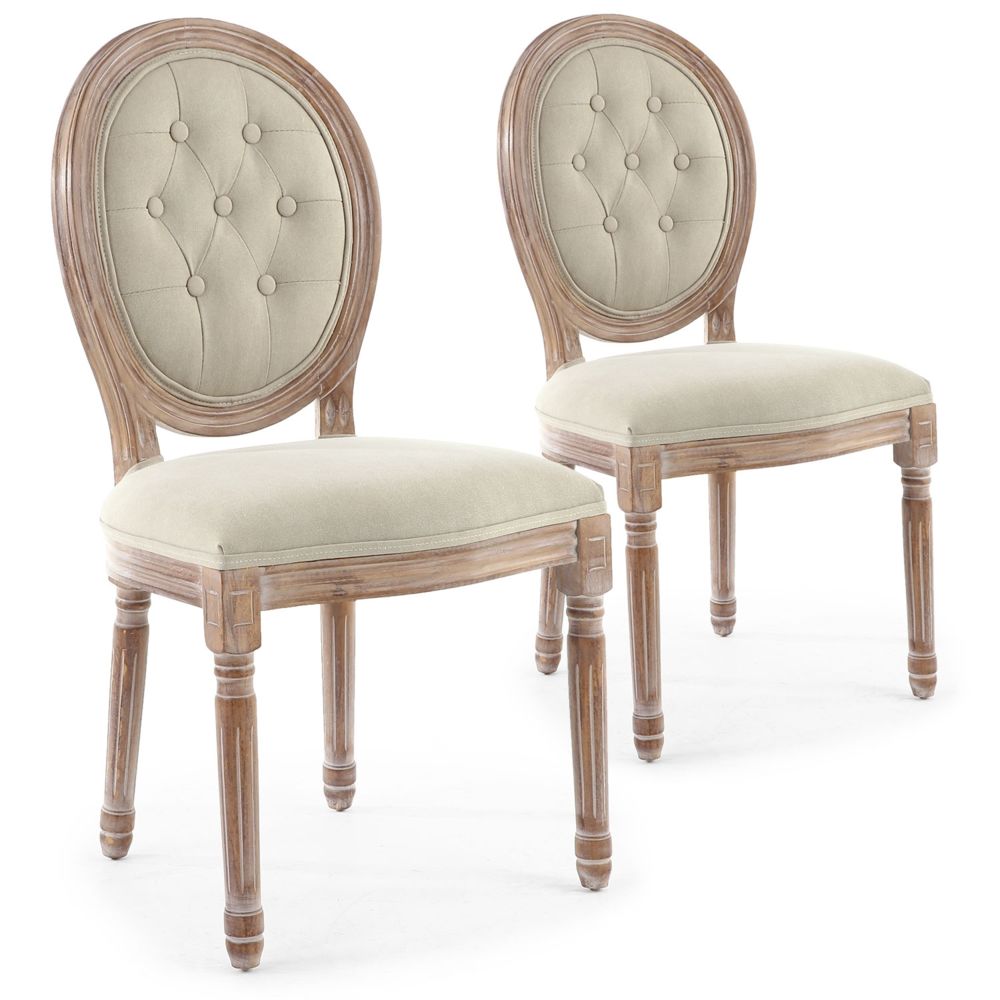 MENZZO - Lot de 2 chaises de style médaillon Louis XVI Bois patiné & Tissu capitonné beige - Chaises