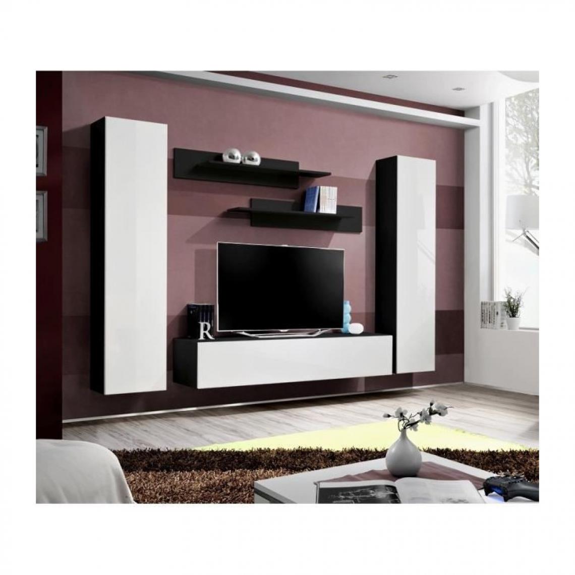 meublorama - Meuble TV FLY A1 design, coloris noir et blanc brillant. Meuble suspendu moderne et tendance pour votre salon. - Meubles TV, Hi-Fi